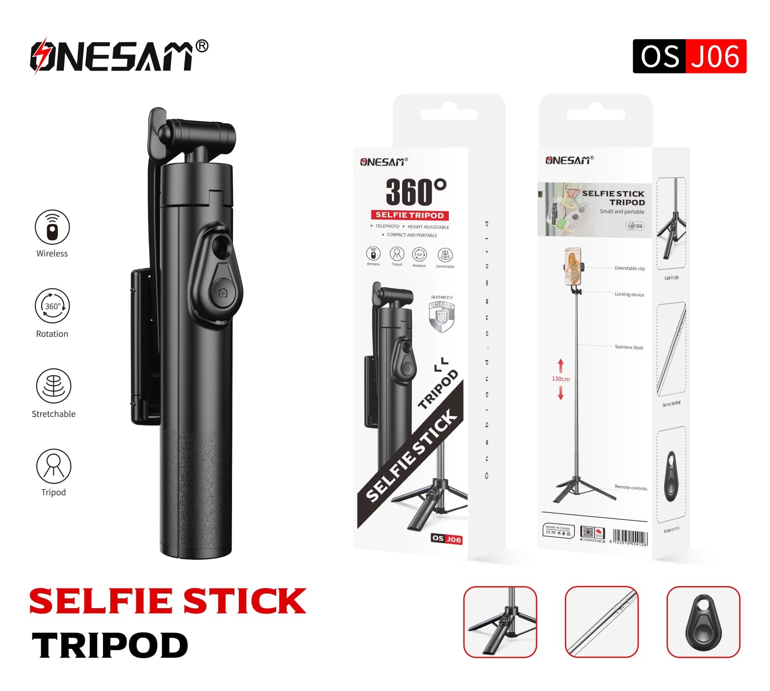 ONESAM Retractable Bluetooth Selfie Stick 360 Rotation (OS-J06)