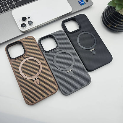 Iphone 16 & 15 Series Carbon Fibre Case with Magnetic Magsafe Ring Stand