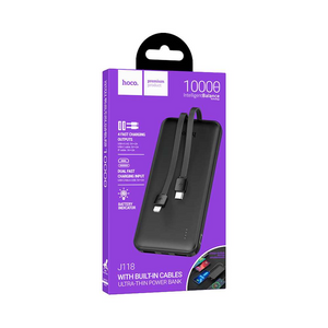 Hoco J118 Ultra-Thin 10000mAh Power Bank with Built-In Cables