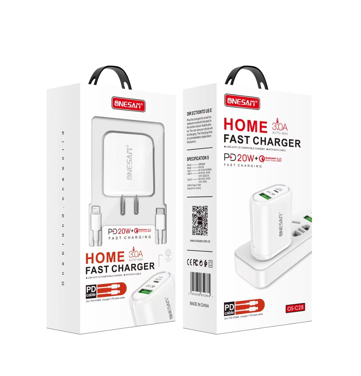 ONESAM Home 20W Dual Port Fast Charger with Charging Cable (OS-C28)