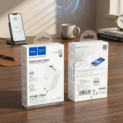 HOCO C126 Pure Power 40W 3-Port (2C1A) Fast Wall Charger