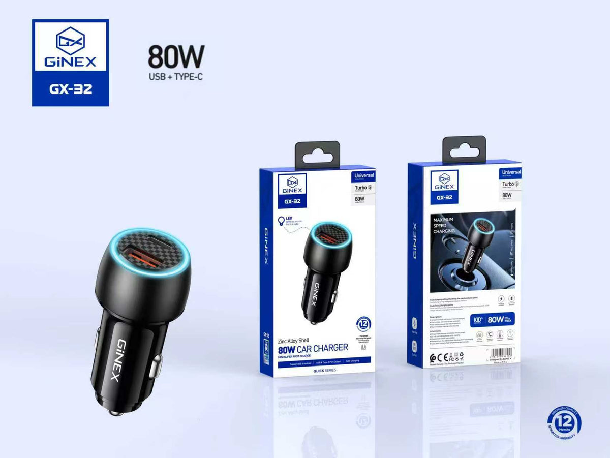 GINEX 80W Super Mini Dual Port Turbo Fast Car Charger (GX-32)