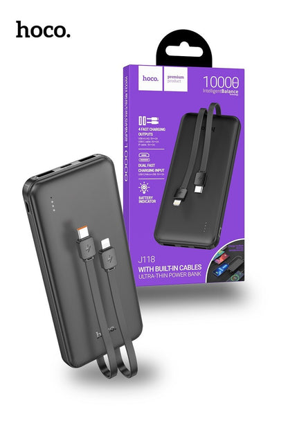 Hoco J118 Ultra-Thin 10000mAh Power Bank with Built-In Cables